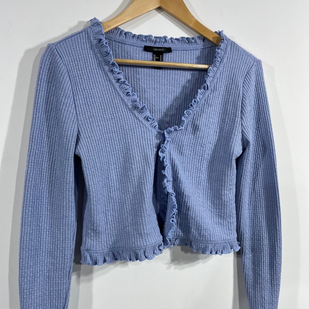 Forever 21 Preppy Y2K Coquette Ribbed Ruffle Crop Cardigan Sweater Womens Medium